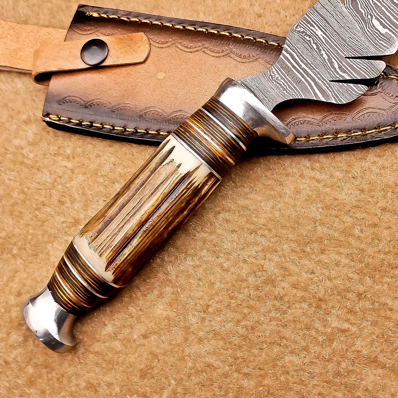 Heritage Forge 12 Inch Handmade Damascus Bowie Knife with Stag Antler Handle
