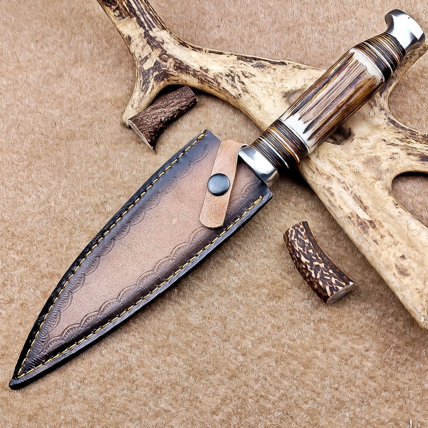Heritage Forge 12 Inch Handmade Damascus Bowie Knife with Stag Antler Handle