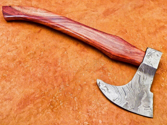 Custom Handmade Damascus Steel Tomahawk Axe with Natural Wood Handle and Leather Sheath