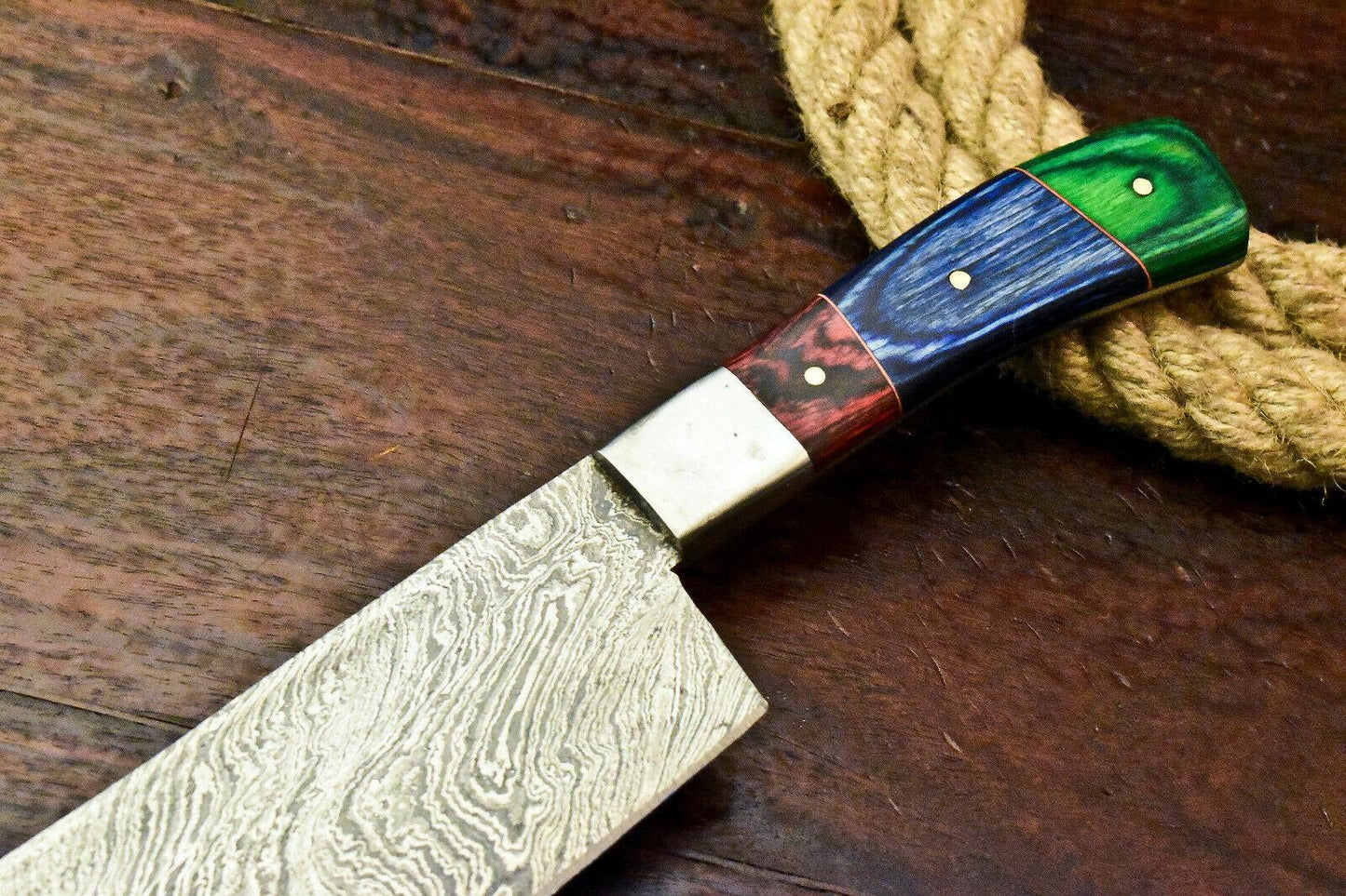 Custom Handmade Damascus Steel Chef Kitchen Knife with Hard Wood Handle, Full Tang, 7-Inch Blade, 12-Inch Overall, 384-Layer Forged Damascus, Oil-Tempered 58-60 HRC