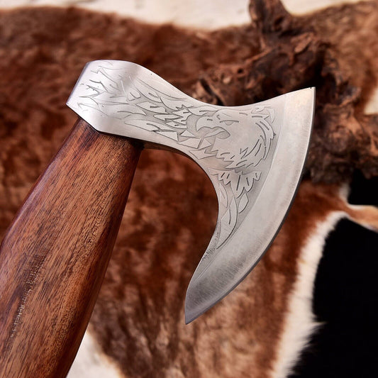Hand Forged Carbon Steel Viking Battle Hatchet Tomahawk Axe with Ash Wood Handle and Sheath