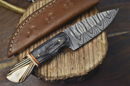 Custom Forged Twist Damascus Skinner Knife Bone and Wood Hunting Blade