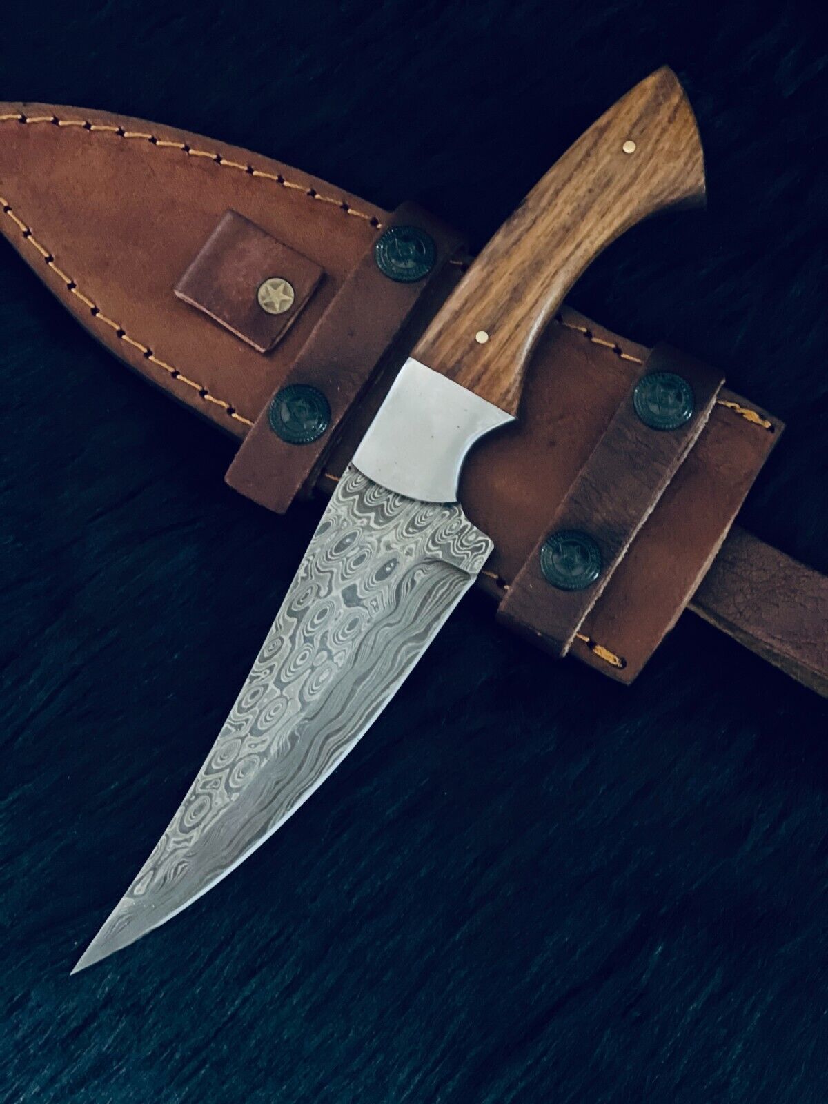 10" Custom Handmade RainDrop Damascus Bowie Hunting Knife – Camel Bone & Wood Handle