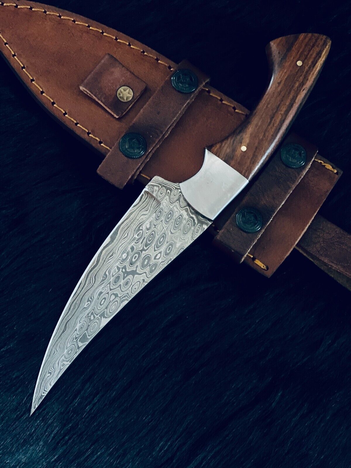 10" Custom Handmade RainDrop Damascus Bowie Hunting Knife – Camel Bone & Wood Handle