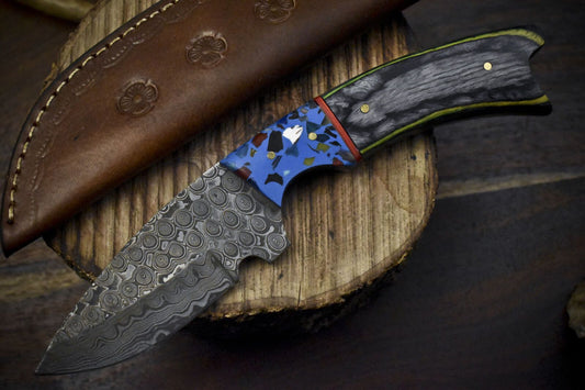 Hand Forged Raindrop Damascus Skinner Knife with Hardwood Handle and Micarta Bolster for Everyday Carry