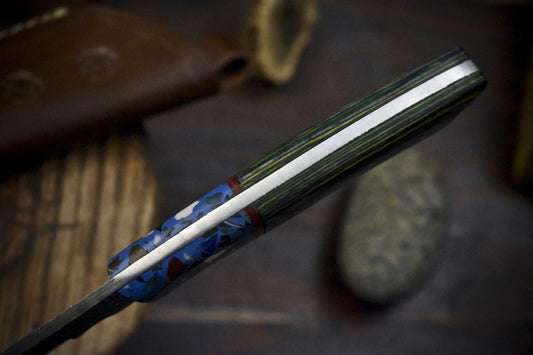 Rain Drop Damascus Skinner Knife with Hardwood Handle and Micarta Bolster EDC