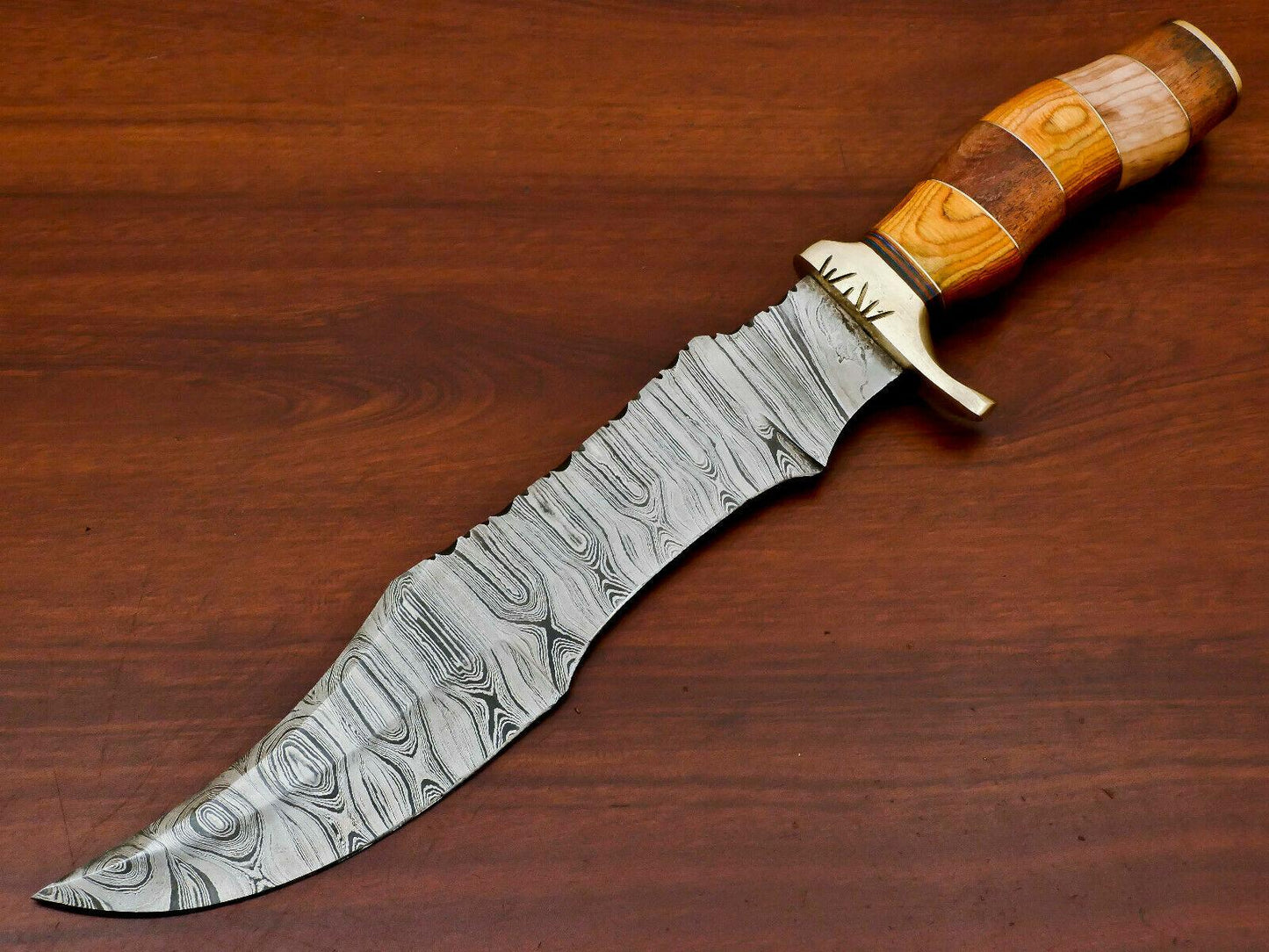 Handmade Damascus Steel Large Bowie Hunting Knife | Rosewood & Pakka Wood Handle
