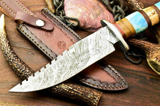 12.5" Rare Handmade Damascus Bowie Hunting Knife with Farms Camel Bone Handle