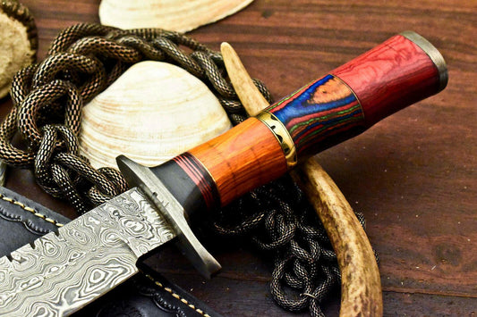 14.5" Damascus Bowie Hunting Knife – Hard Wood Handle with Leather Sheath
