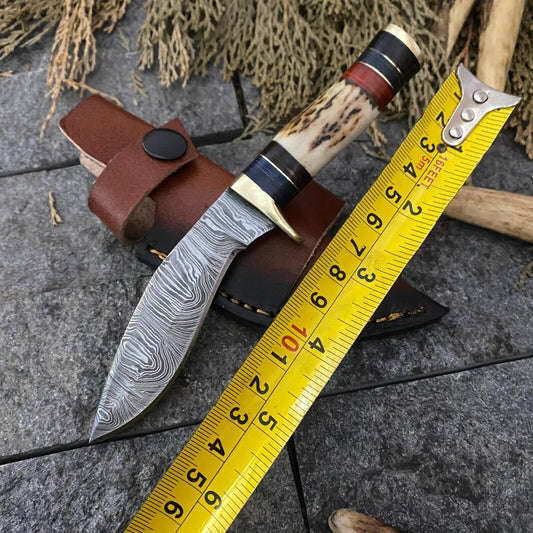 6" Handmade Damascus Kukri Bowie Knife with Sheath | Compact Bushcraft Tool