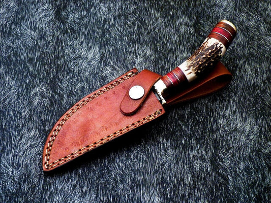 8" Damascus Bowie Knife – Stag Horn Handle & Brass Bolster