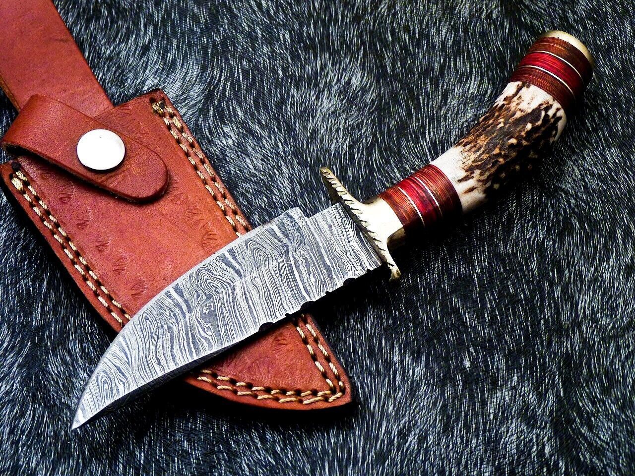 8" Damascus Bowie Knife – Stag Horn Handle & Brass Bolster
