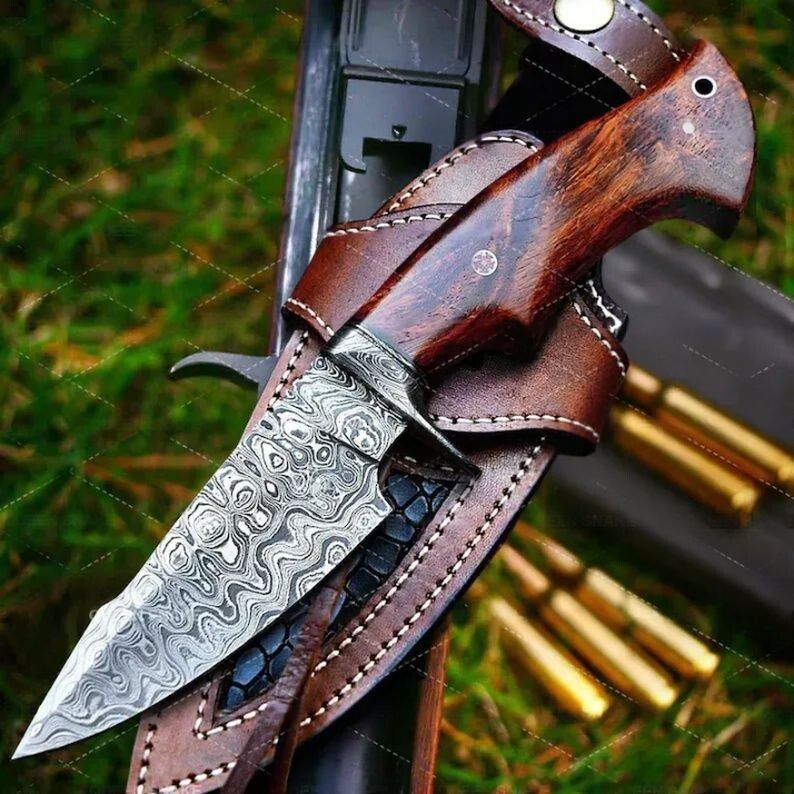 Heritage Forge 10 Inch Damascus Steel Bowie Knife with Rose Wood Handle for Hunting and Camping