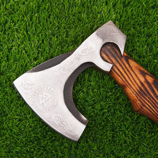 Hand Forged Norse Celtic Viking Axe Bearded Battle Ready VALHALLA Hatchet with Leather Sheath