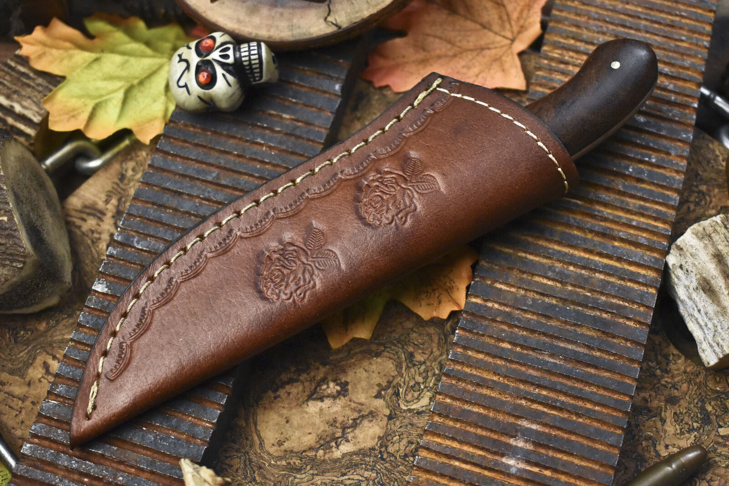 Hot Item 6 Inch Skinner Knife Twist Damascus Bone Handle Brass Guard w/ Leather Sheath