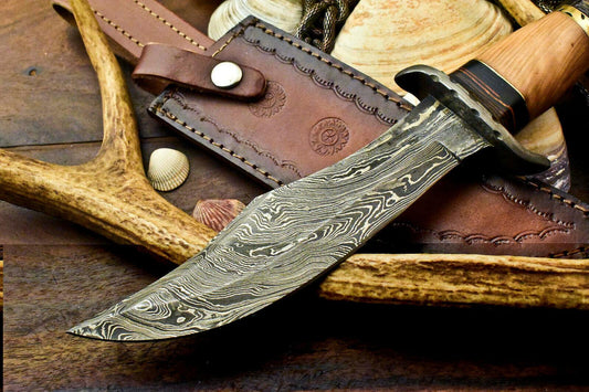 12.25" Handmade Damascus Steel Bowie Knife | Hardwood Handle