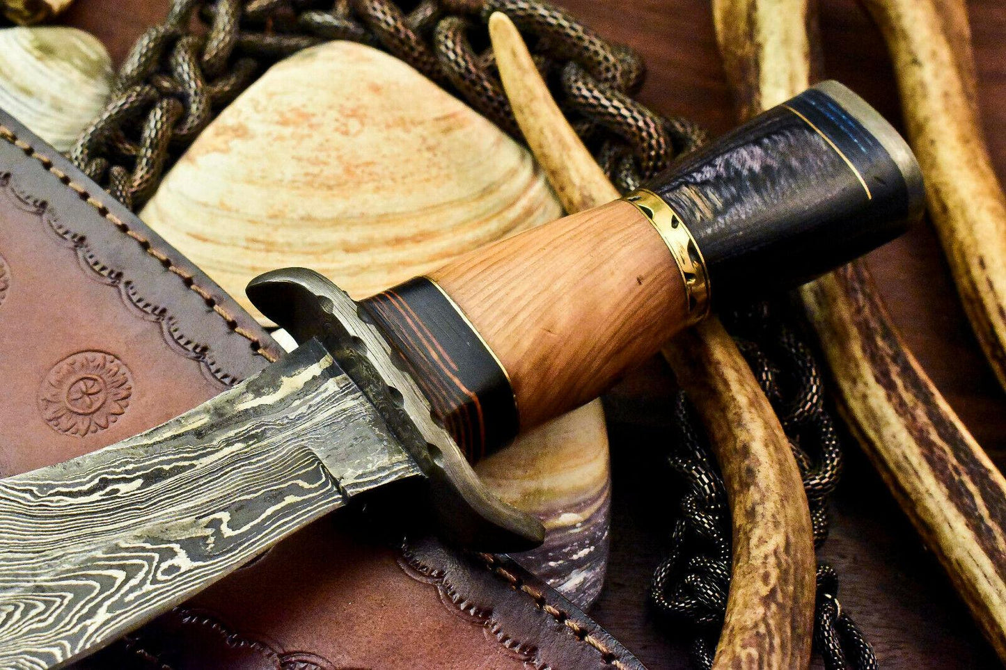 12.25" Hand Forged Bowie Damascus Steel Knife With Hardwood Handle & Leather Sheath