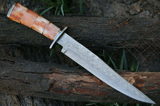 Personalized Custom Handmade Damascus Bowie Hunting Knife with Leather Sheath