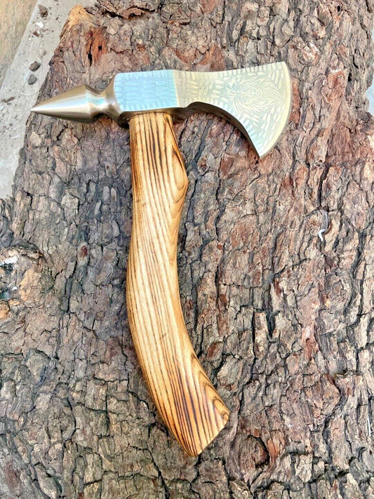 Custom Forged Carbon Steel Viking Axe with Wooden Handle and Leather Sheath for Camping and Bushcraft
