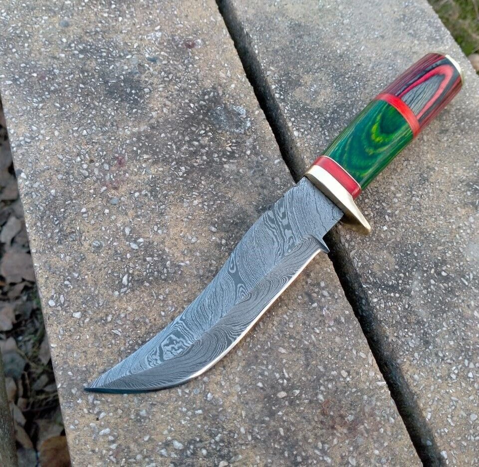 10" Pakka Wood Handle Damascus Bowie Knife – Handmade Forged Hunting Blade
