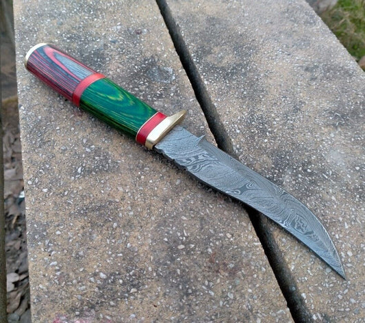 10" Pakka Wood Handle Damascus Bowie Knife – Handmade Forged Hunting Blade