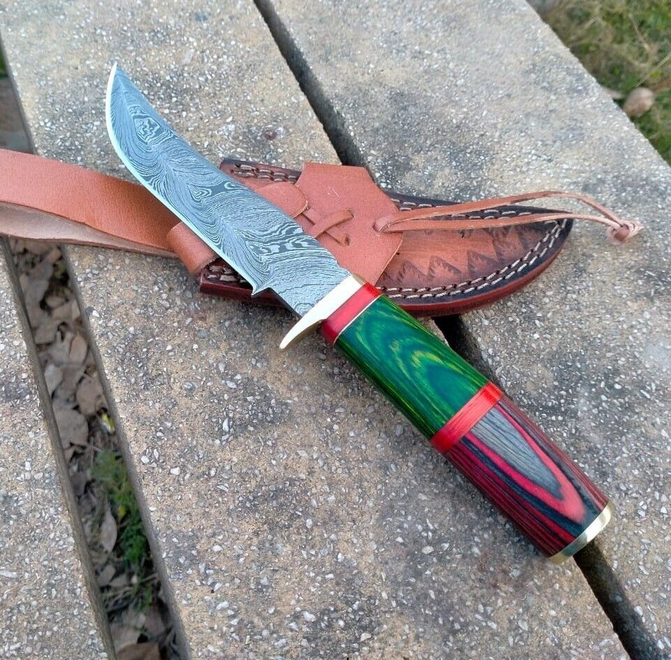 10" Pakka Wood Handle Damascus Bowie Knife – Handmade Forged Hunting Blade