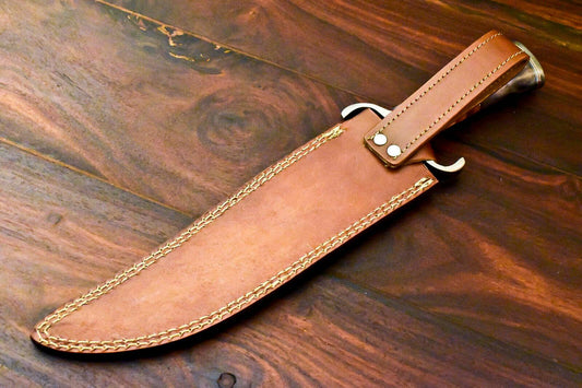 15" Handmade Damascus Bowie Knife with Camel Bone Handle & Leather Sheath