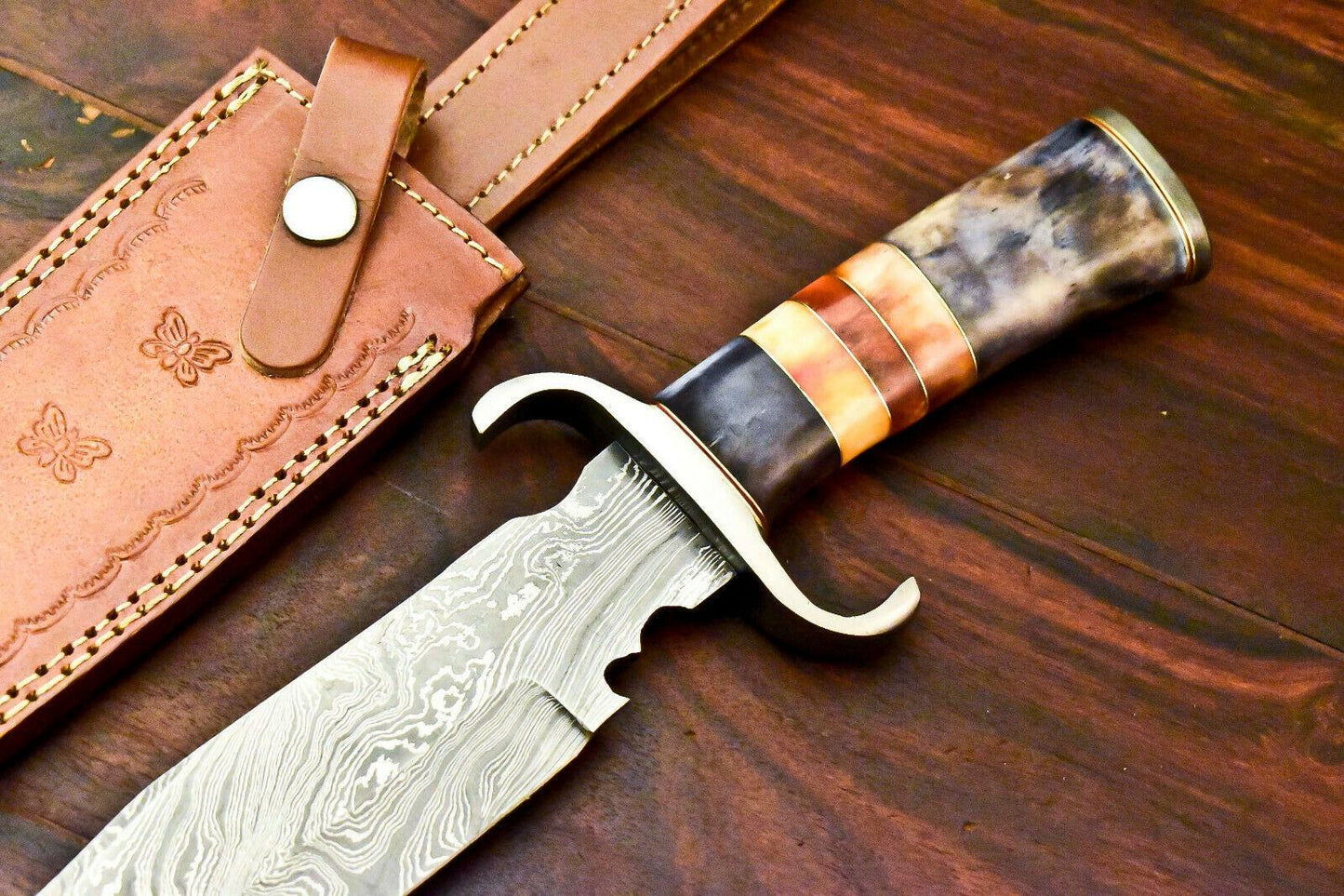 15" Handmade Damascus Bowie Knife with Camel Bone Handle & Leather Sheath