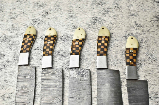 Custom Lot of 5 Handmade Hammered Damascus Steel Chef Knives Set – Professional Kitchen Blades