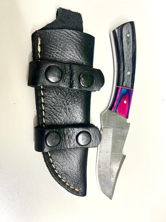 Handmade Custom Damascus Tracker Knife – Wood Handle Hunting & Camping with Sheath