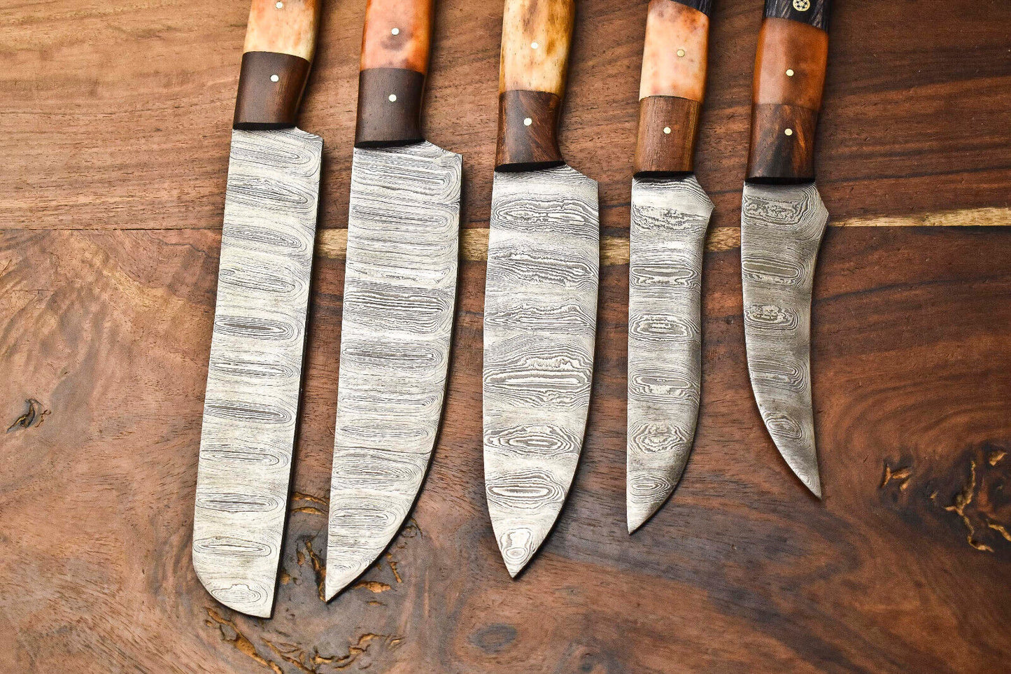 Custom Lot of 5 Handmade Hammered Damascus Steel Blade Chef Knife Set – Full Tang Professional Kitchen Knives
