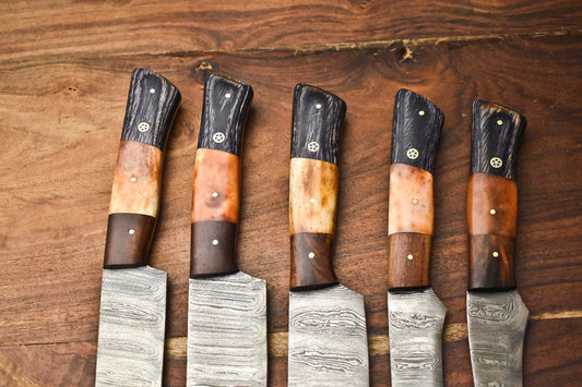 Custom Lot of 5 Handmade Hammered Damascus Steel Blade Chef Knife Set – Full Tang Professional Kitchen Knives