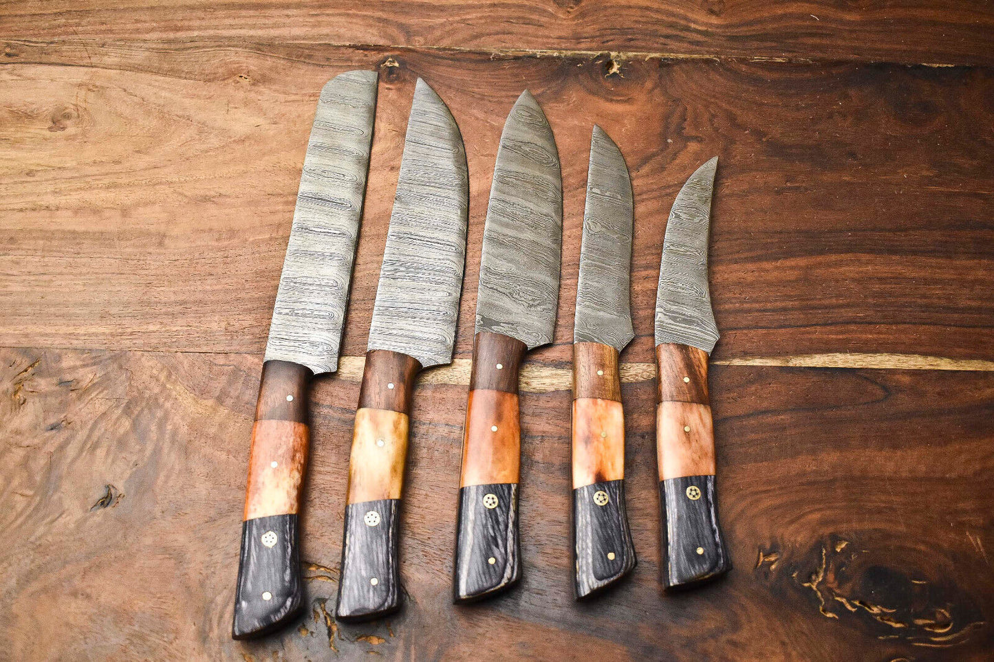 Custom Lot of 5 Handmade Hammered Damascus Steel Blade Chef Knife Set – Full Tang Professional Kitchen Knives