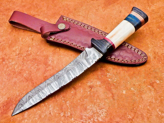12" Damascus Steel Bowie Knife – Camel Bone & Hardwood Handle with Leather Sheath