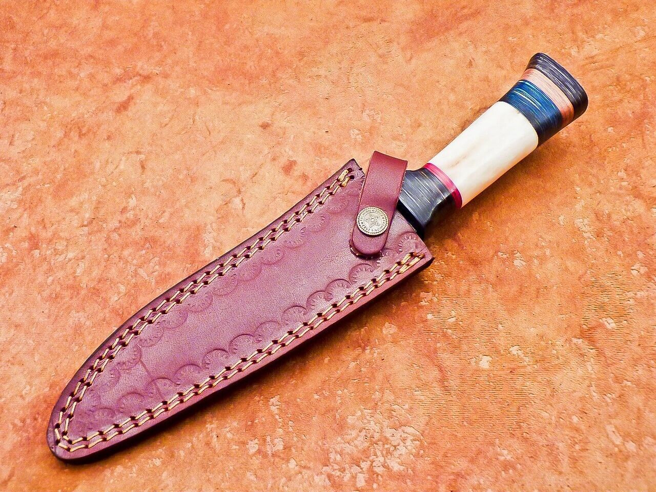 12" Damascus Steel Bowie Knife – Camel Bone & Hardwood Handle with Leather Sheath