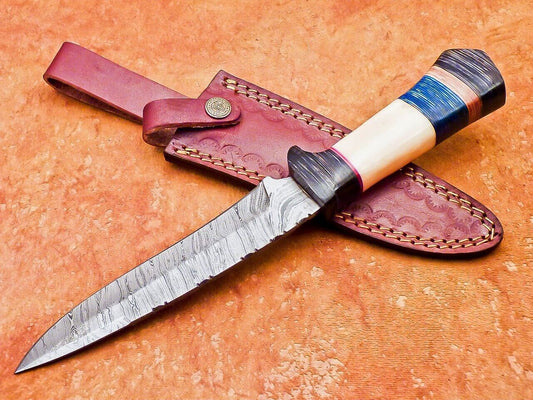 12" Damascus Bowie Knife with Camel Bone & Hardwood Handle