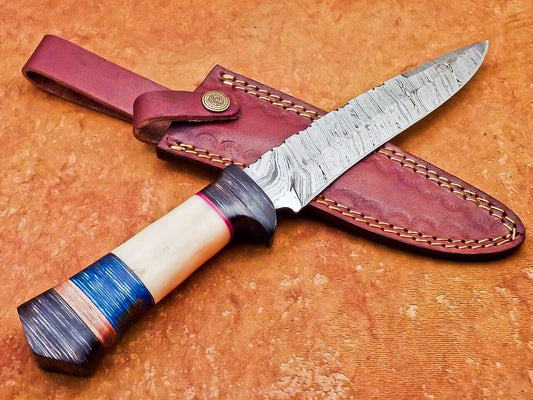12" Handmade Damascus Steel Bowie Knife with Camel Bone & Hardwood Handle