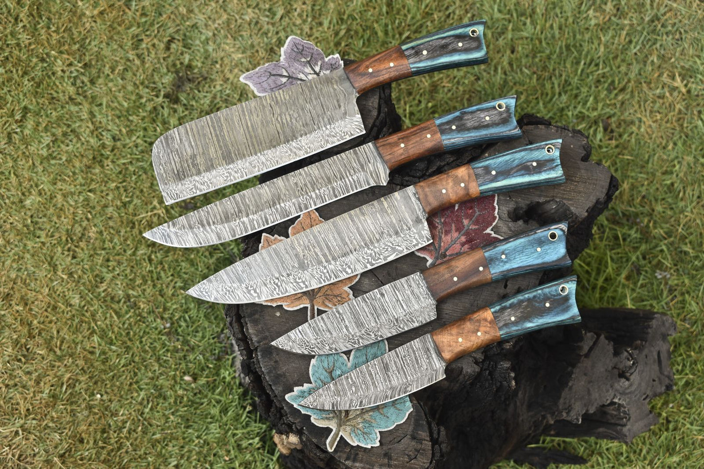 Hand Forged Chef Knife Set Twist Damascus Steel with Hard Wood Handles – Lot of 5 Sports Knives