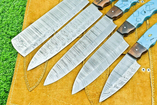5 PCS Custom Handmade Damascus Steel Chef Knife Set with Wood Handles