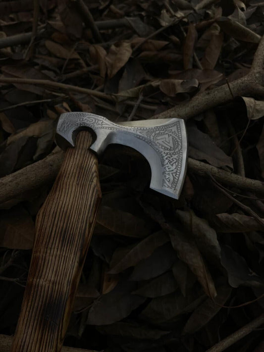 Hand Forged Carbon Steel Viking Axe with Rosewood Shaft and Leather Sheath