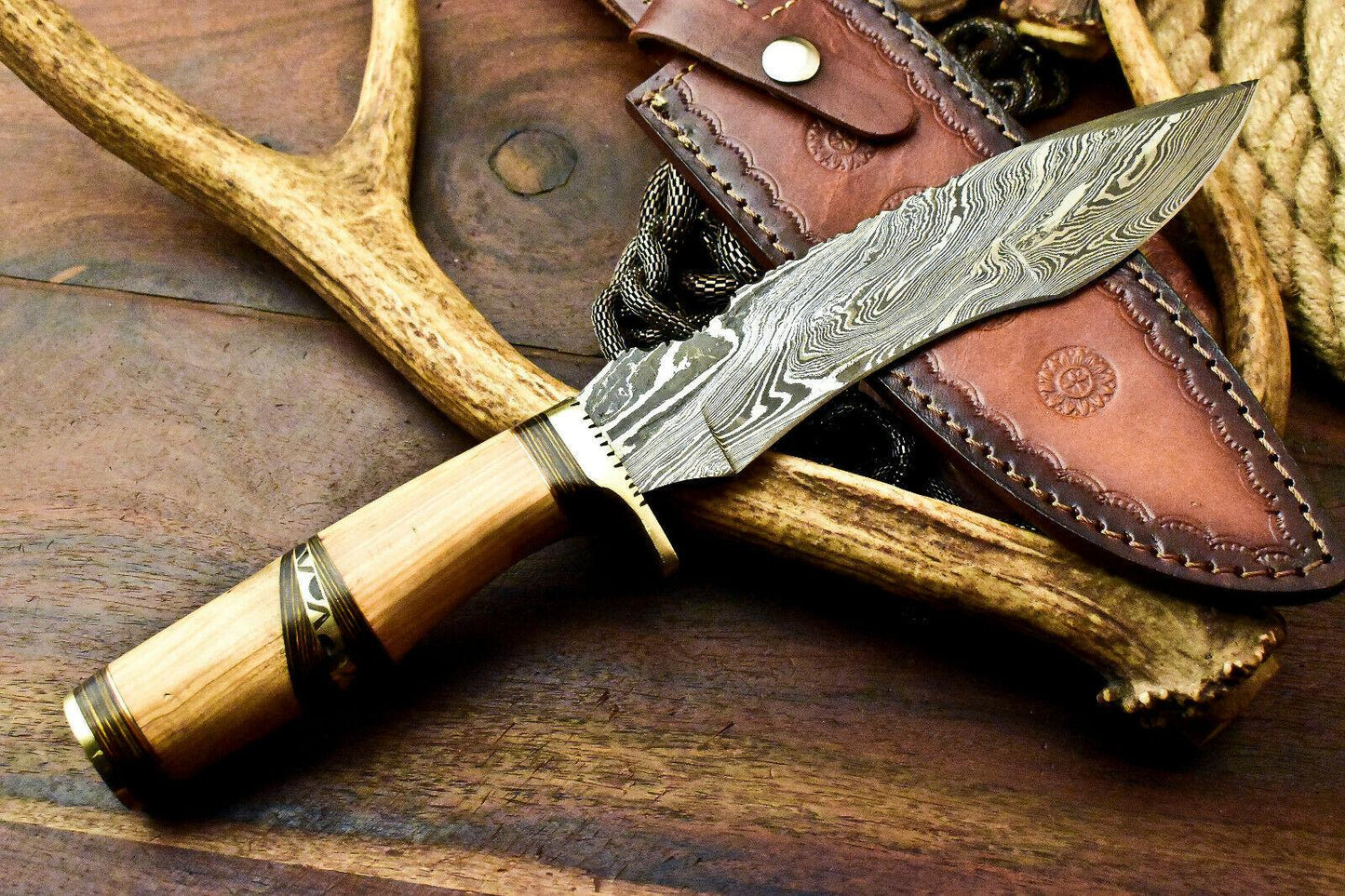 12.5" Custom Handmade Damascus Bowie Hunting Knife – Olive Wood Handle