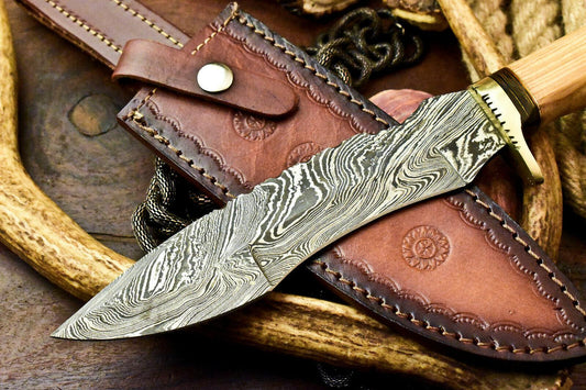 12.5" Custom Handmade Damascus Bowie Hunting Knife – Olive Wood Handle