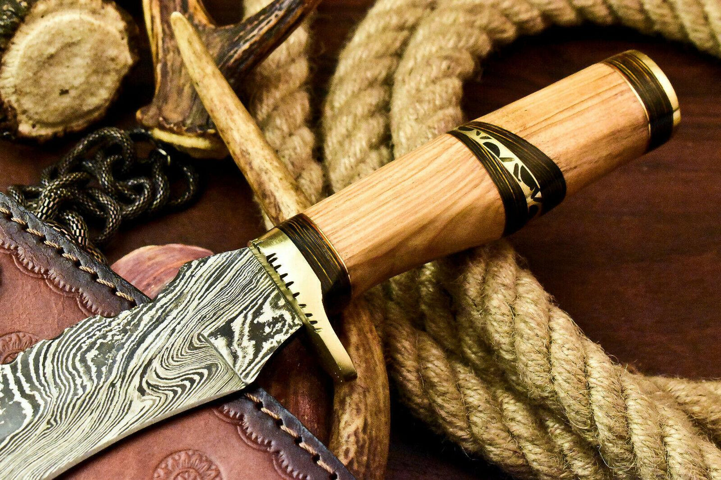 12.5" Custom Handmade Damascus Bowie Hunting Knife – Olive Wood Handle