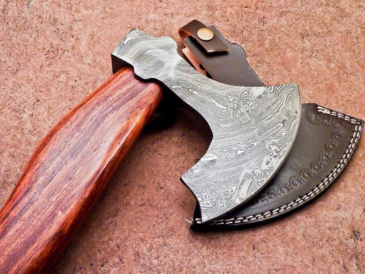 New Handmade Damascus Steel Axe | Unique Limited Edition 18-Inch Axe with Natural Wood Handle & Leather Sheath