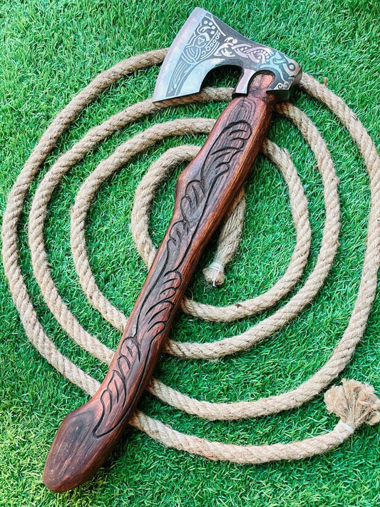 Handmade Viking Integral Tomahawk Axe with Carbon Steel Blade and Wooden Handle
