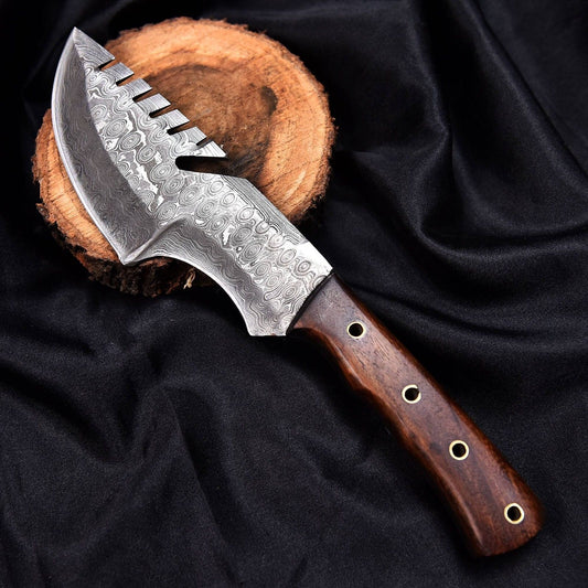 High Carbon Damascus Steel Tracker Knife – Full Tang Outdoor Survival Tool with Leather Sheath