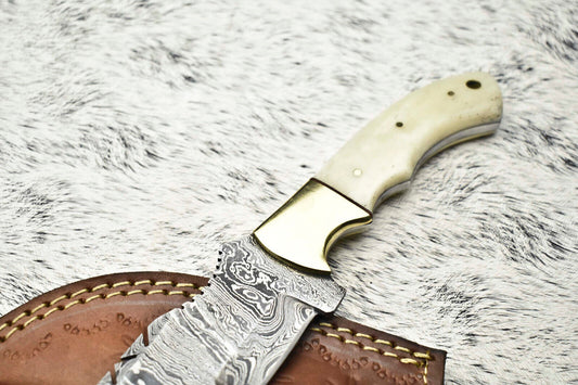 Custom Handmade Damascus Steel Tracker Knife | Camel Bone Handle | 384-Layer Forged Blade with Leather Sheath