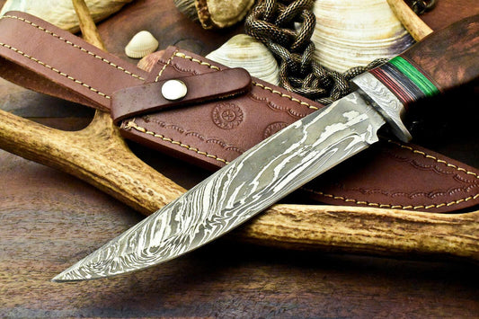Damascus Bowie Knife – 14" Walnut Wood Handle & Leather Sheath