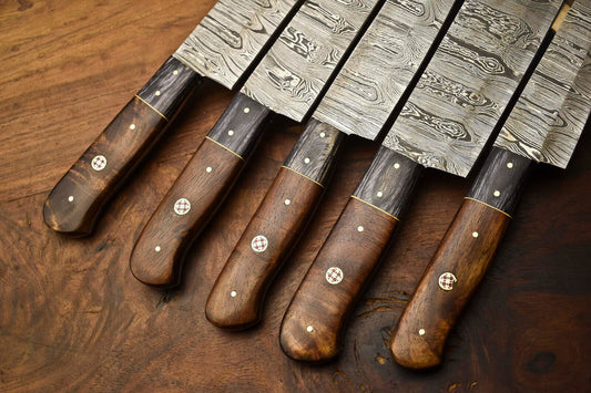 Exclusive Custom Set of 5 Handmade Hammered Damascus Steel Chef Knives – 10" to 13"