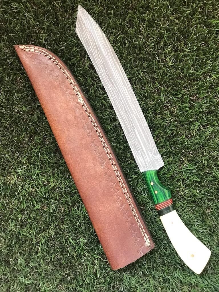 13" HANDMADE DAMASCUS STEEL FILLET KNIFE Custom Fillet Knife With Leather Sheath